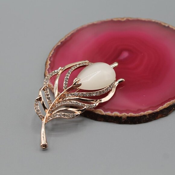 Jewelry pin brooch pendant feather elegant rose gold tone crystals fashion new - Picture 2 of 9
